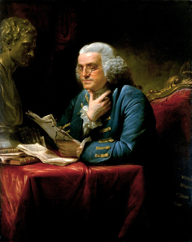 Benjamin-Franklin-Portrait-am-Schreibtisch