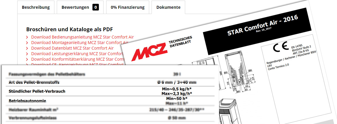 Bildausschnitt mit Onlineshop, technisches Datenblatt und Auszug des technischen Datenblattes von MCZ Star 2.0 Air hilft die jährliche Kosten für den Pelletofen zu berechnen