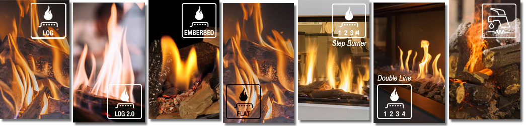 Collage der Flammenbilder bei den unterschiedlichen Brenner-Technologien der Firma Farber