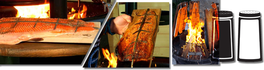 Bildfolge mit einem rohen Lachsfilet und einem gegarten Lachsfilet auf der Holzblanke