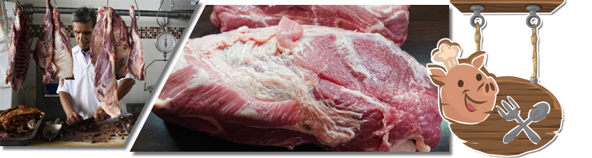 Bildcollage mit Metzkerei und einem rohen Schweinenacken