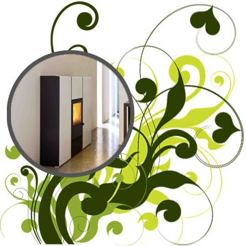 Ambientebild des Pelletofens Flux im grünen floralen Rahmen