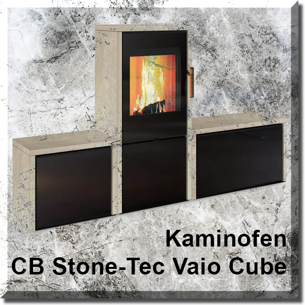 Foto des Kaminofens Vaio Cube auf Marmorplatte