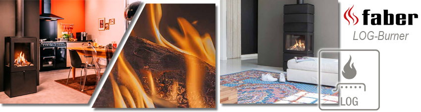 Collage mit freistehenden Gaskaminen mit LOG-Burner-Technologie