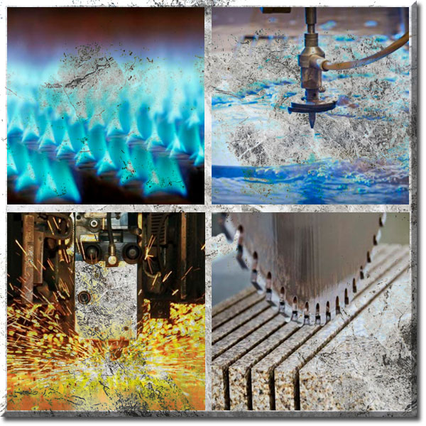 Mamorblock mit Fotos der 4 LivingStone Bearbeitungstechniken