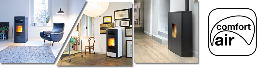 Bildcollage aus 3 Pelletöfen ausgestattet mit MCZ Comfort-Air