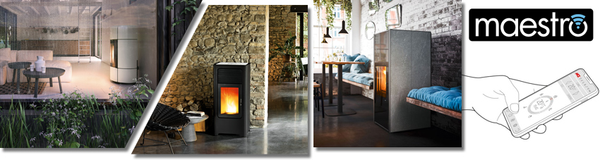 Collage mit 3 Pelletöfen, ausgestattet mit der Maestro-Technik von MCZ