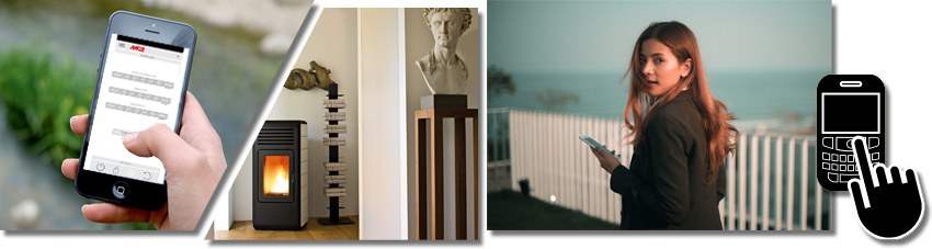 Bildcollage: Smartphone mit MCZ Maestro App, MCZ Pelletofen Nima und einer Frau mit Smartphone im Freien