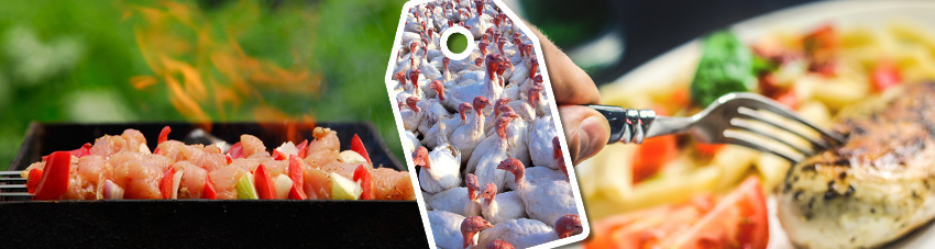 Bildfolge gegrilltes und serviertes Putensfleisch mit einem Edikett der Massentierhaltung bei Puten in der Mitte der Bildkomposition