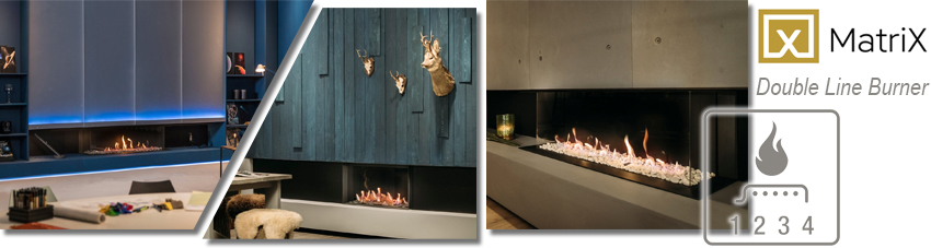 Collage verschiedener Gaskamine mit Double-Line Burner Technologie