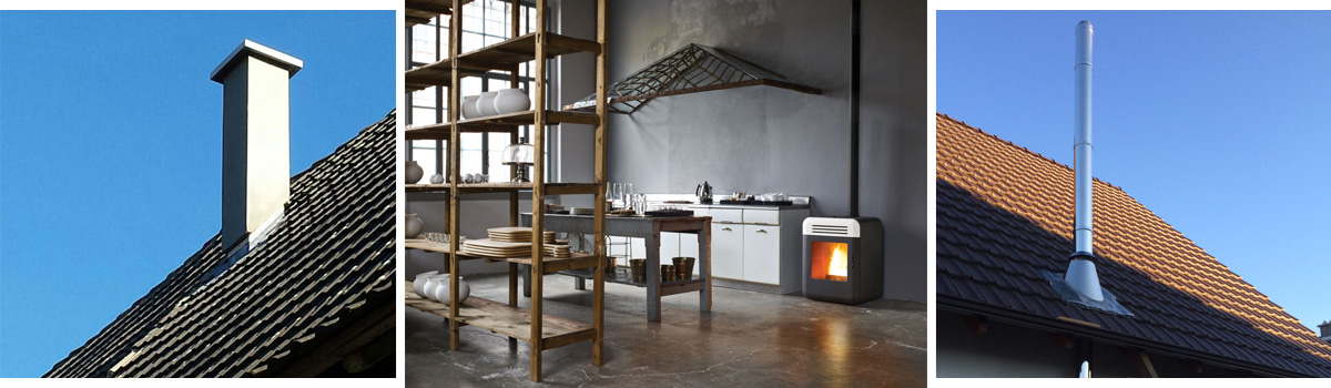 Bildfolge eines Leichtbauschornsteins, Pelletofens in der Großküche und eines Edelstahlschornsteins