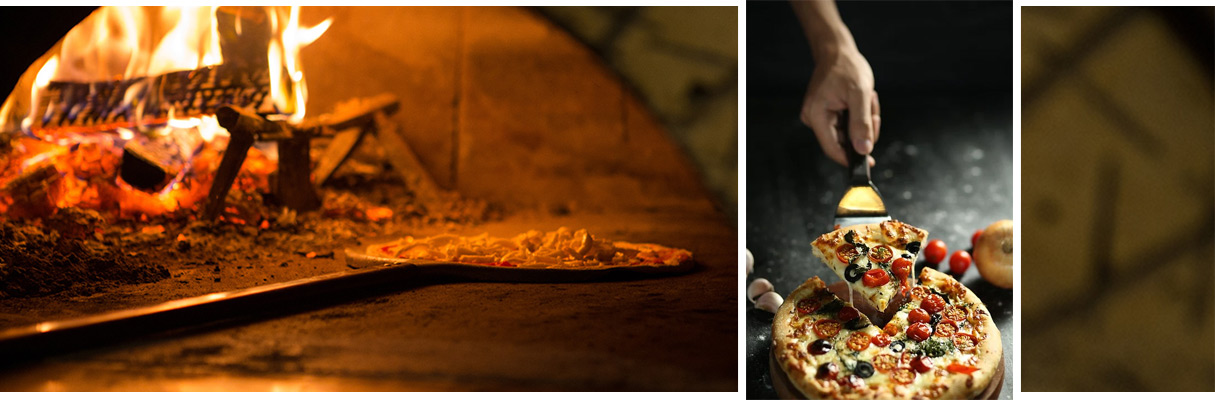 in den Ofen geschobene Pizza und Seviervorschlag einer Pizza