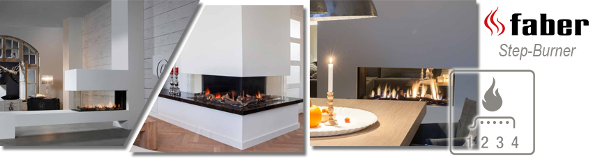 Collage mit Einbau-Gaskaminen mit Step-Burner-Technologie