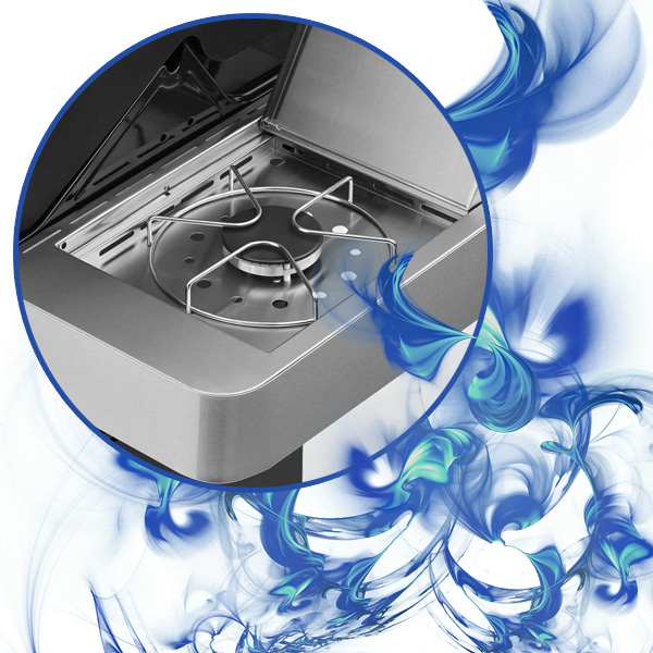 Bild des Rösle Seitenkochers, umrahmt von blauen Flammen