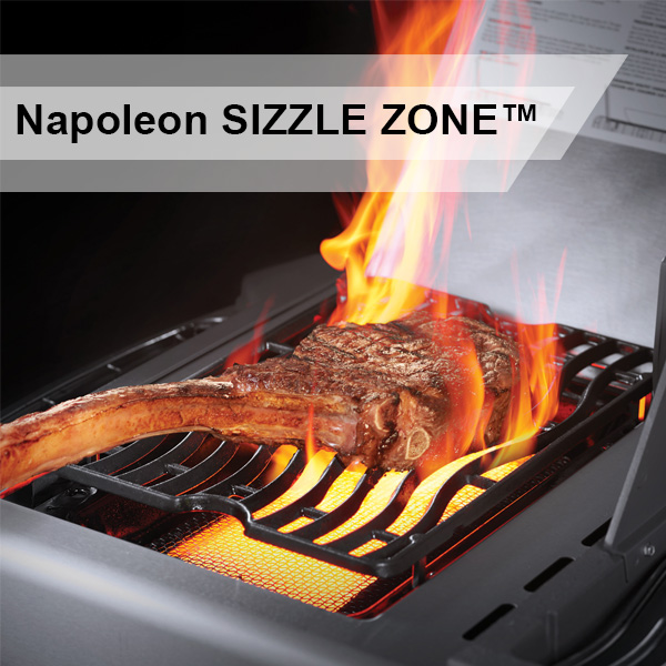 Nahaufnahme der SizzleZone Grillfläche eines Napoleon Grills in Aktion