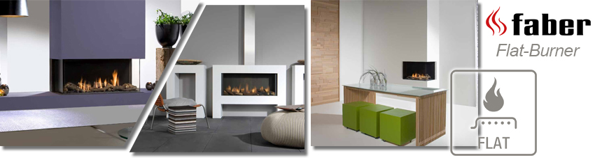 Collage verschiedener Einbau-Gaskamine mit Flat-Burner