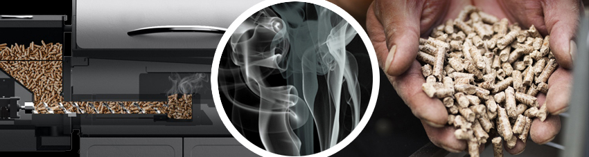 Collage mit Bildern eines Smokers, Rauch und Pellets