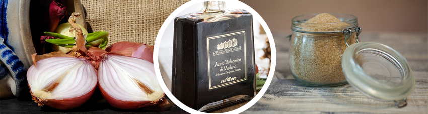 Collage der Zutaten für Balsamico-Zwiebel-Topping