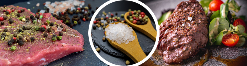 Collage mit vor und nach dem garen gewürzten Steaks