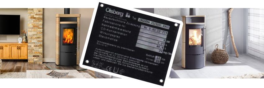 Bildfolge mit 2 Olsberg Kaminöfen Caldera II mit dazugehörigem Typenschildbeispiel