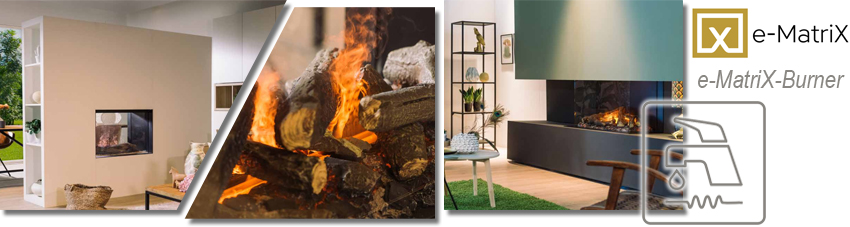 Collage von Elektrokaminen, die mit der e-MatriX-Burner-Technologie ausgestattet sind