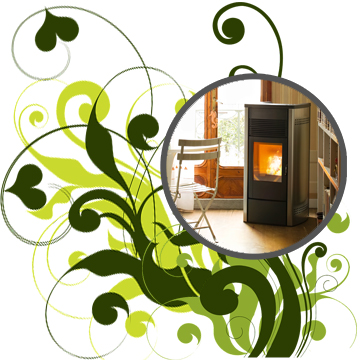 Ambientebild des Pelletofens Ego im grünen floralen Rahmen