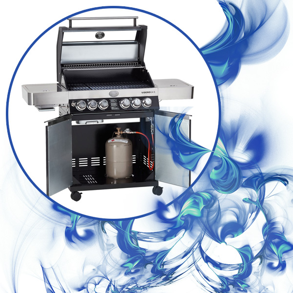 Bild eines geöffneten Rösle Gasgrill Videro G4-S, umrahmt von blauen Flammen