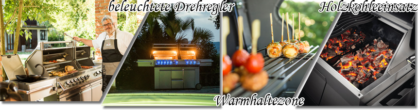 Bildfolge mit verschiedenen Gasgrillfunktionen und einem Ambientebild eines vollausgestatteten Gasgrills