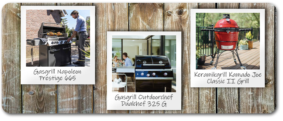 Polaroidbilder beliebter Grillmarken auf einer Holzplatte