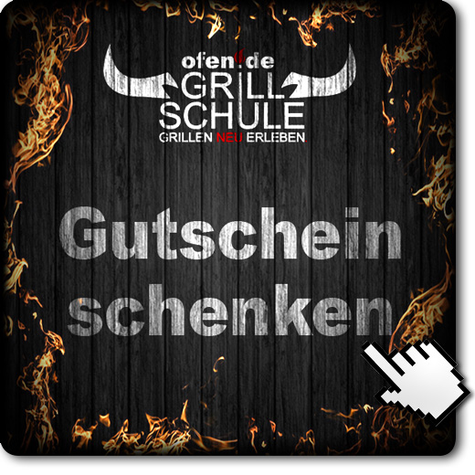 weiterführendes Bild mit verkohlten, an den Rändern brennende Planken mit Gutschein Aufschrift und Grillschulenlogo