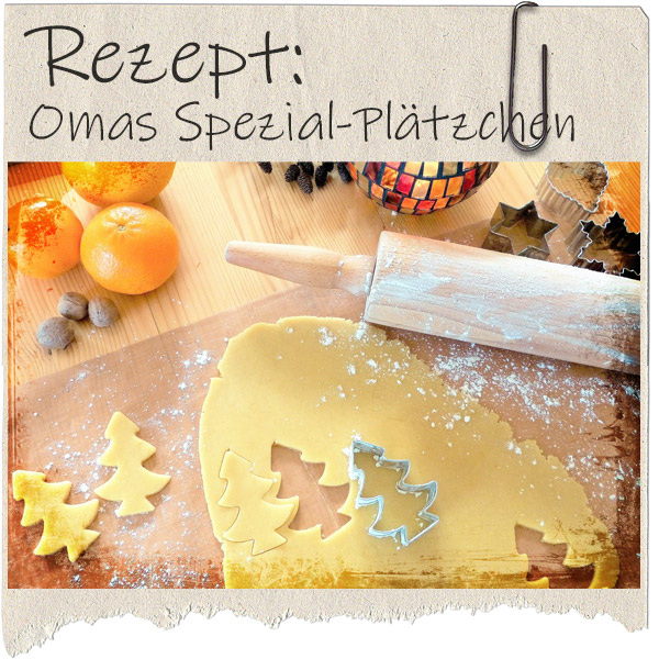 rausgerissenes Blatt Papier mit Bild von ausgerollten und ausgestochenen Plätzchenteig