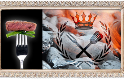 gold gerahmte Collage mit Glut, einer bestückten Gabel und einem Logo