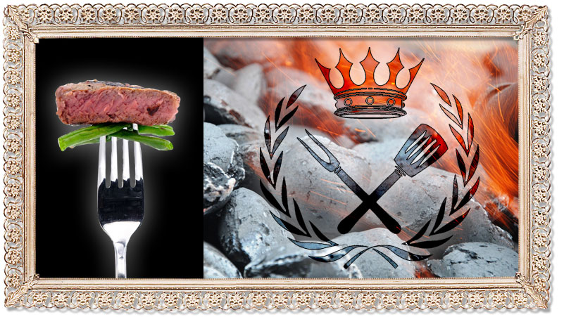 gold gerahmte Collage mit Glut, einer bestückten Gabel und einem Logo