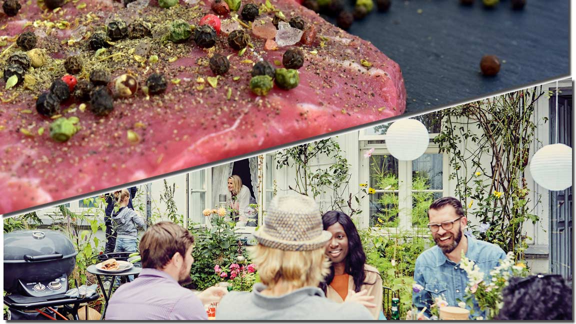 Collage mit einem gewürzten rohen Steak und einem Ambientebild einer Grillparty unter Freunden