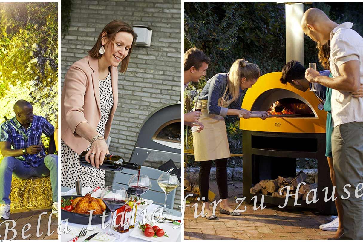 Collage Pizzaofen , gedeckte Tafel und unter Freunden