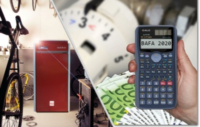 Collage aus Pelletheizung, Geld, Taschenrechner und Thermostat