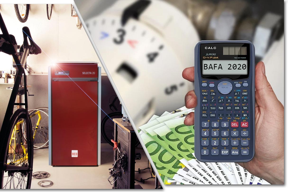 Collage aus Pelletheizung, Geld, Taschenrechner und Thermostat