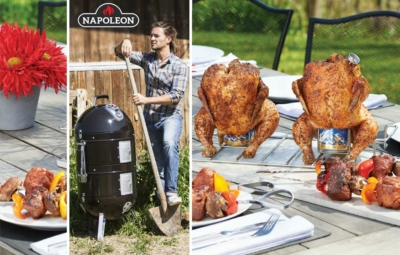 Rezeptbild und Mann neben Kugelgrill