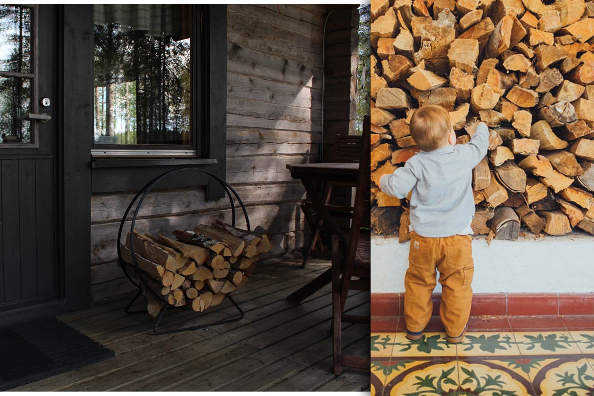 Kind greift zum gelagerten Holz