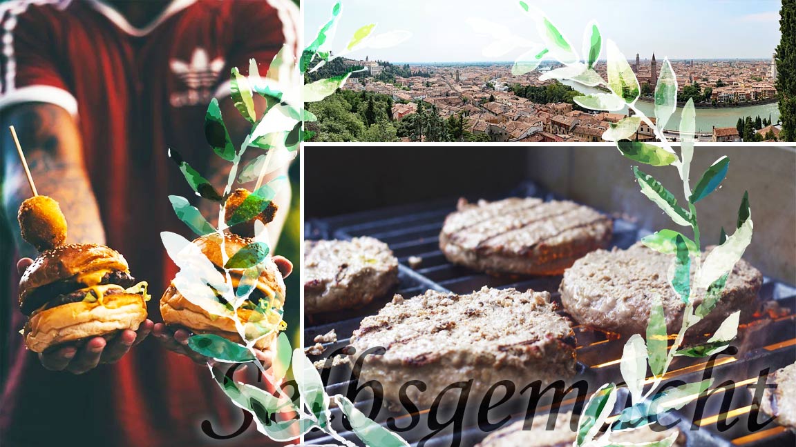 Collage mit einem Fußballfan der Cheeseburger hält, einem Panorama der Stadt Verona und brutzelnden Burgerpatties