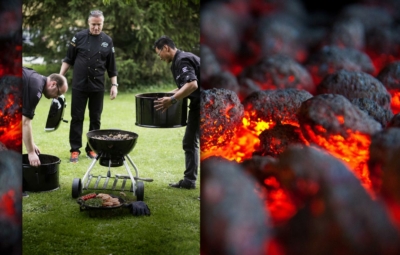 3 Männer bereiten den Grill vor
