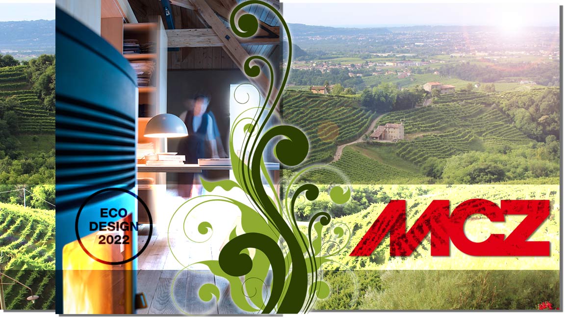 Collage mit einem Landschaftsbild von Treviso, dem Pelletofen Ego und dem Logo von MCZ