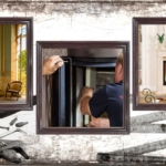 3 gerahmte Fotos mit einem heruntergekommenen Kamin, einem Monteur bei der Arbeit und einem Ambientebild des Kaminbausatzes N12 von Camina