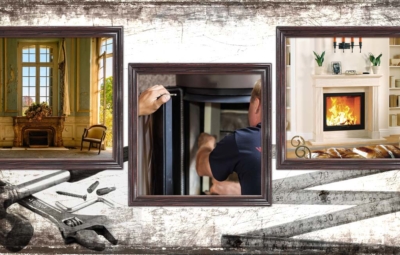 3 gerahmte Fotos mit einem heruntergekommenen Kamin, einem Monteur bei der Arbeit und einem Ambientebild des Kaminbausatzes N12 von Camina