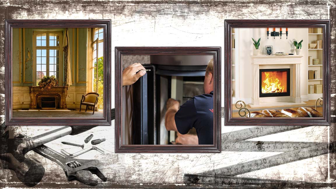 3 gerahmte Fotos mit einem heruntergekommenen Kamin, einem Monteur bei der Arbeit und einem Ambientebild des Kaminbausatzes N12 von Camina