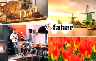 Collage aus typisch niederländischen Ambientebildern und Gaskaminen des Ofenherstellers Faber