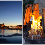 Panorama von Helsinki am Abend mit eingeblendeten Flammlachs im Feuerkorb