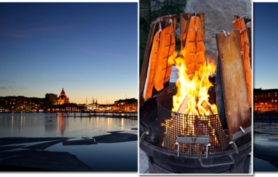 Panorama von Helsinki am Abend mit eingeblendeten Flammlachs im Feuerkorb