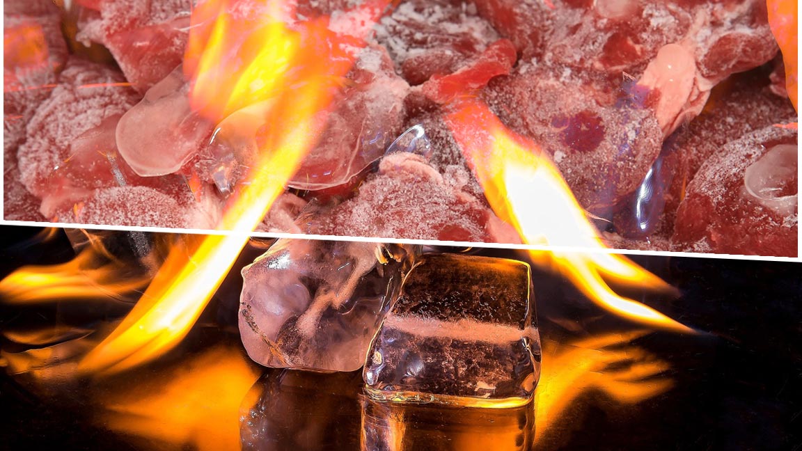 Collage auf tiefgefrorenem Fleisch und brennenden Eiswürfeln