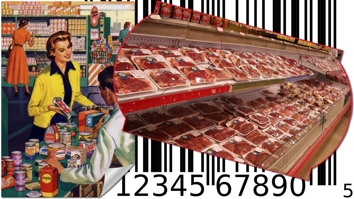 Collage mit einem Retro-Werbeplakat, einem Barcode und einem Edikett mit einer Discounter-Fleischtheke